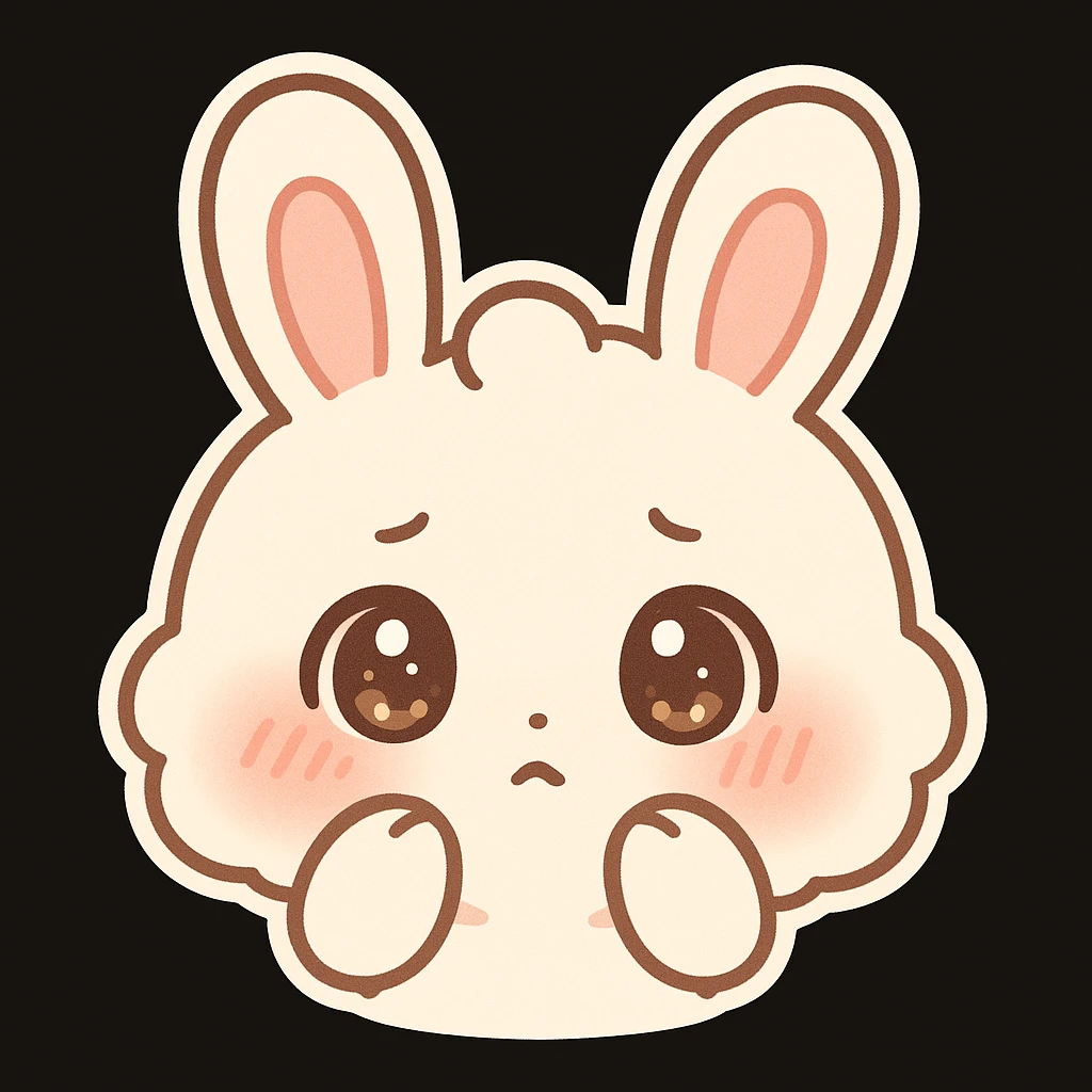 kawaii chibi-style bunny emoji with a round fluffy face, sparkly eyes, blushing cheeks, pastel color palette, shy mood, soft rounded design, anime-style, black background, vector art emoji