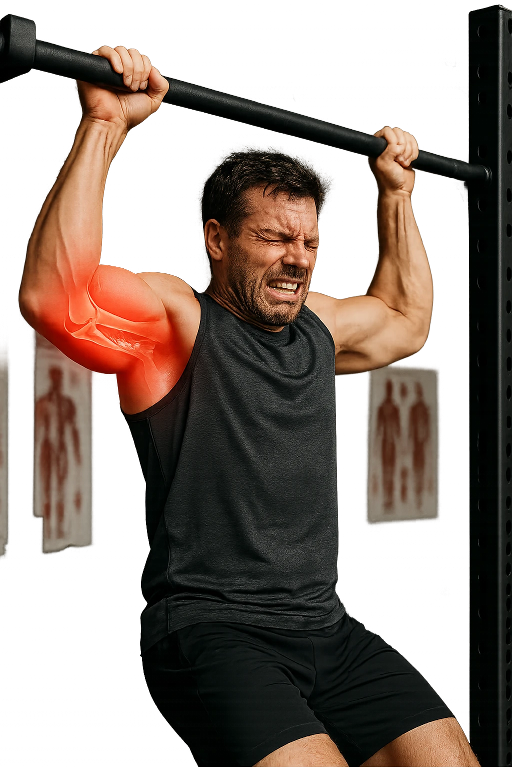 a man in gym attire is performing a pull-up on a bar when his face suddenly contorts in pain. His elbow is highlighted with a bright red glow, and a semi-transparent overlay reveals a visible tear or injury in the joint structures (such as ligaments or tendons). The background is a modern gym, with anatomical posters and equipment. emoji