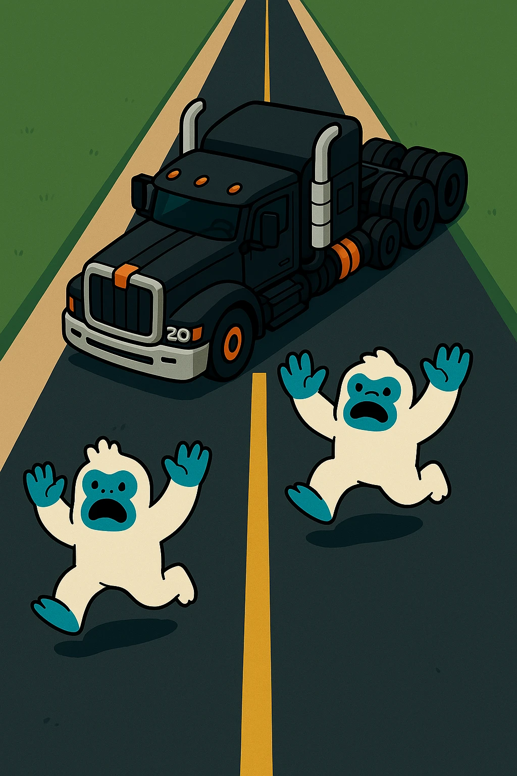Place the small abominable snowman clearly on a long road in front of the black 2026 Kenworth W680 flat top semi sleeper, top-down vibrant toon style, no text, make the road much longer. emoji