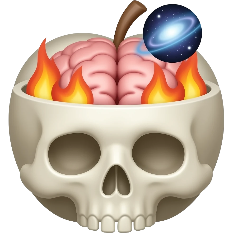 Apple-style emoji skull with an open head, brain bursting out with flames and a galaxy above it, smooth gradients, rounded shapes, clean and minimal, glossy finish, high contrast, centered, white background. emoji