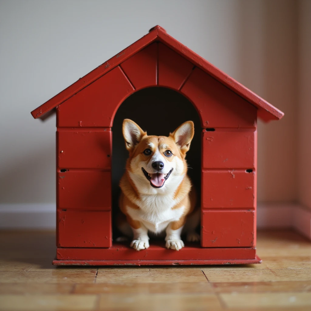 realistic red dog house with a Corgi dog inside, Corgi visible through the doorway, photorealistic style emoji