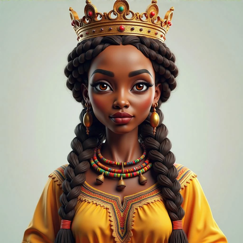 Create me a Stylized 3D Character Art of an beautiful Ethiopian Queen of Sheba wearing a queen crown, traditional Ethiopian habesha kemis dress. Make it have a balance of realism and caricature. Give her beautiful hair with braids and make her brown skinned. Make the image a portrait size  emoji