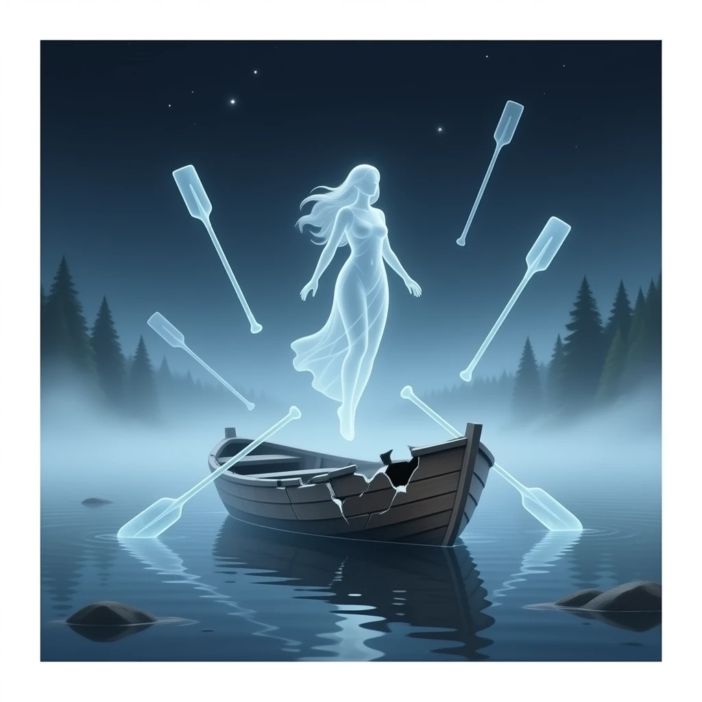 cinematic realistic - a broken boat with a terrifying female apparition around which flutters transparent larger oars emoji
