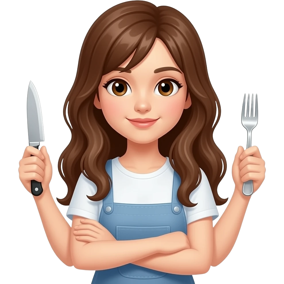 a girl with long brown hair and brown eyes holding knofe on left arm and fork in right arm waiting food emoji