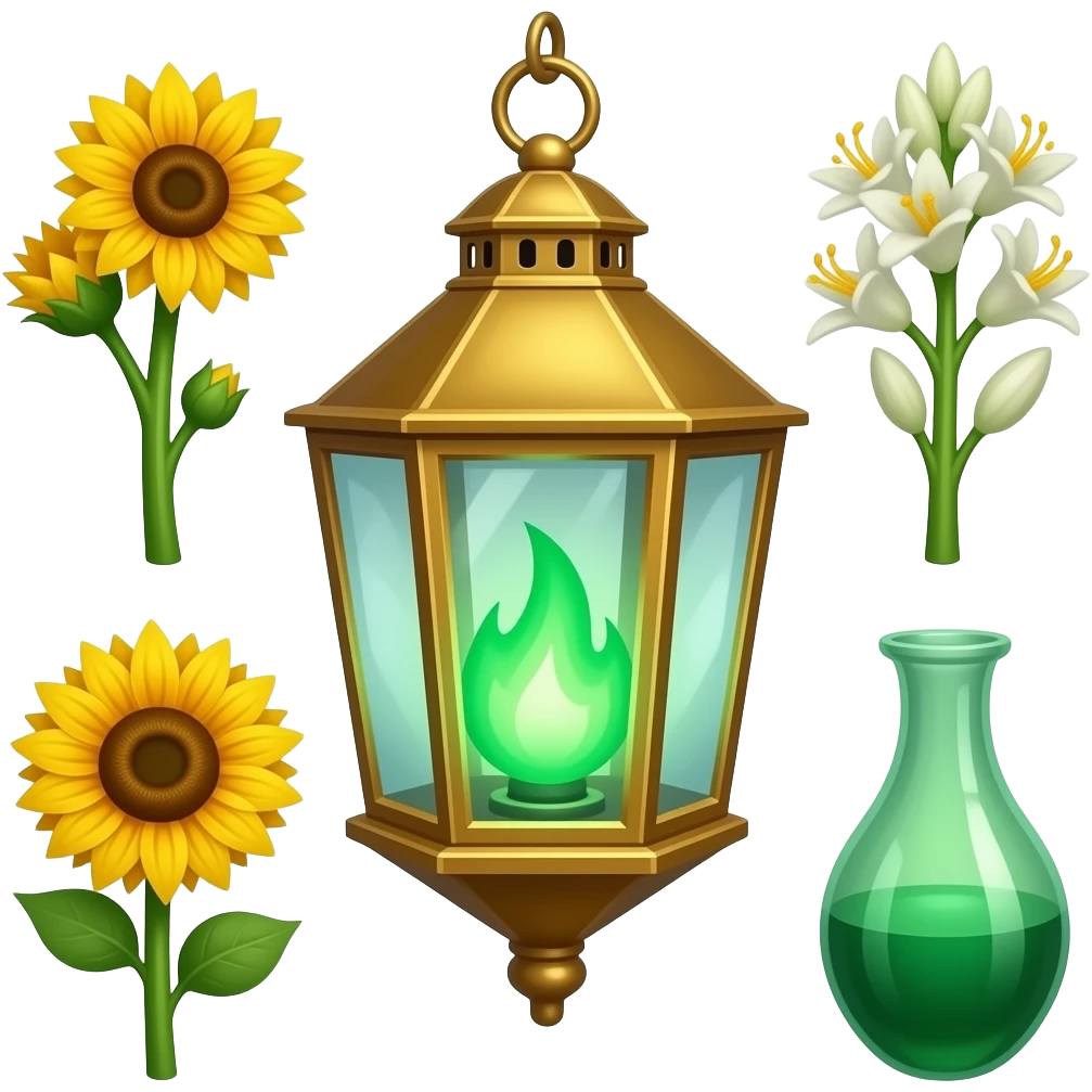 A golden hanging lantern with a bright emerald flames, an empty loop on top, fae themed sunflowers on the left and fully bloomed asphodels on the right as part of the design, but simple focus more on the green flames, paint the glass more green, have its bottom point come to some sort of point emoji