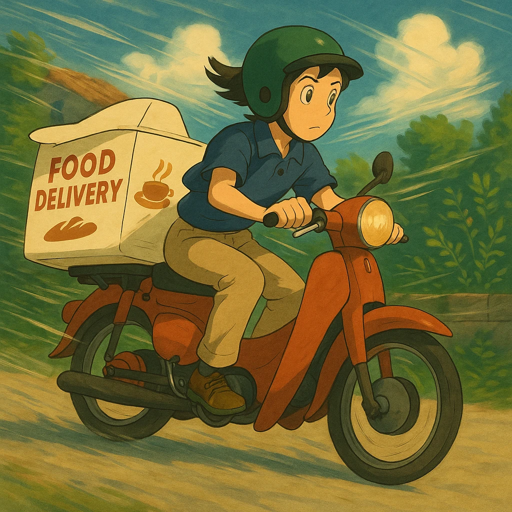 Add a wind effect to the food delivery bike, keep the ghibli style. emoji