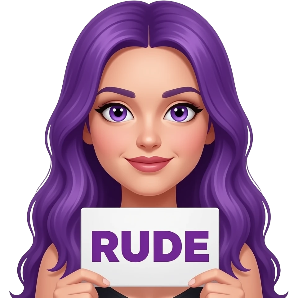sexy girl with long purple hair and purple eyes holding a RUDE sign emoji