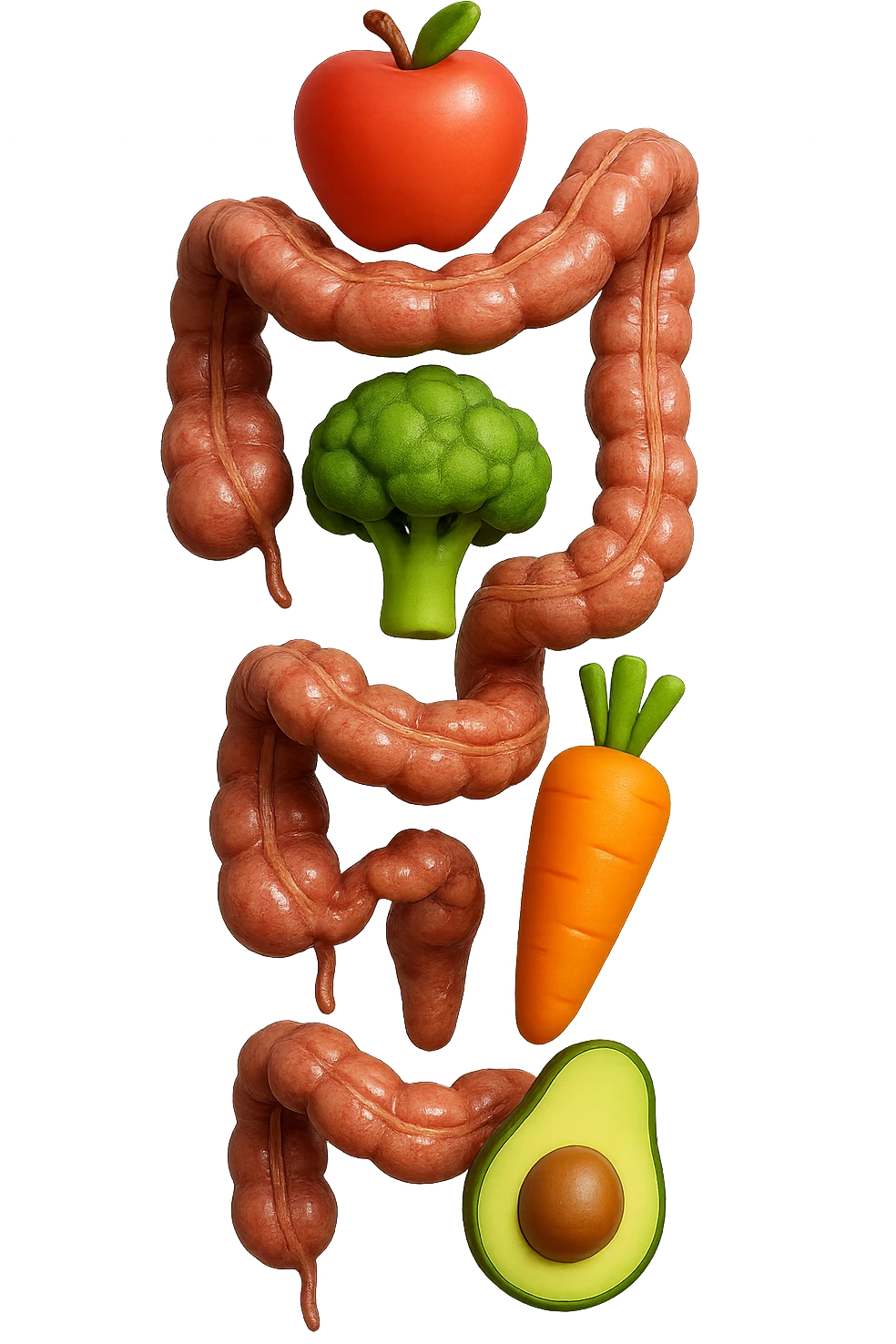 emoji stile iphone in 3d di cibo sano che fluttua in aria vericalmente insieme a pezzi di colon umano anatomico, iperrealistico 4k emoji
