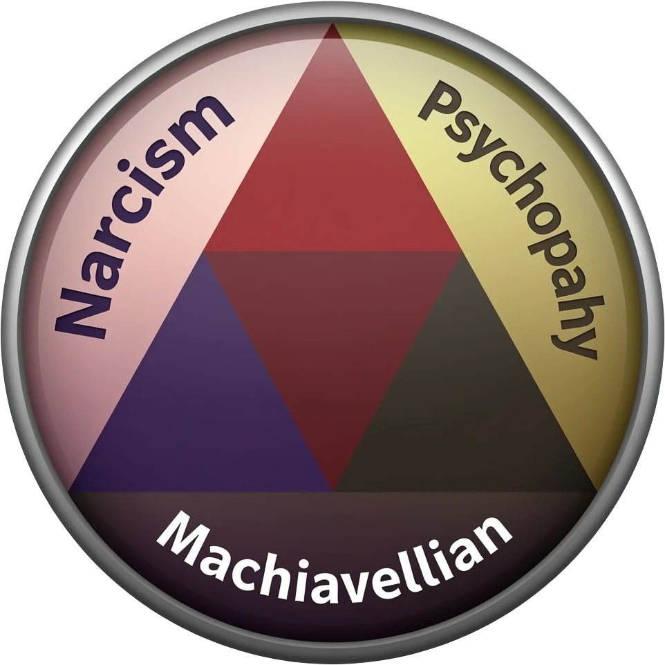 Dark triad symbol with the words Narcism on the left side, Psychopathy on the right side and machiavellianism on the bottom emoji