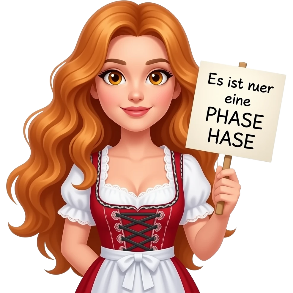 sexy girl with overlong ginger hair and ginger eyes wearing a dirndl holding Es ist nur eine PHASE HASE sign emoji