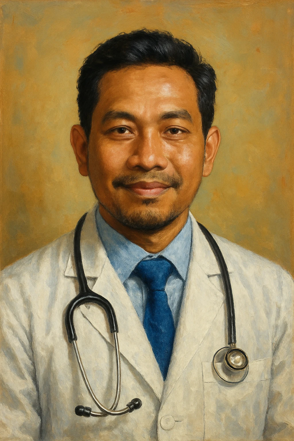Сгенерируй мне в стиле реалистичной, яркой живописи врача внешности индонезиата, азиата. На однородном фоне emoji