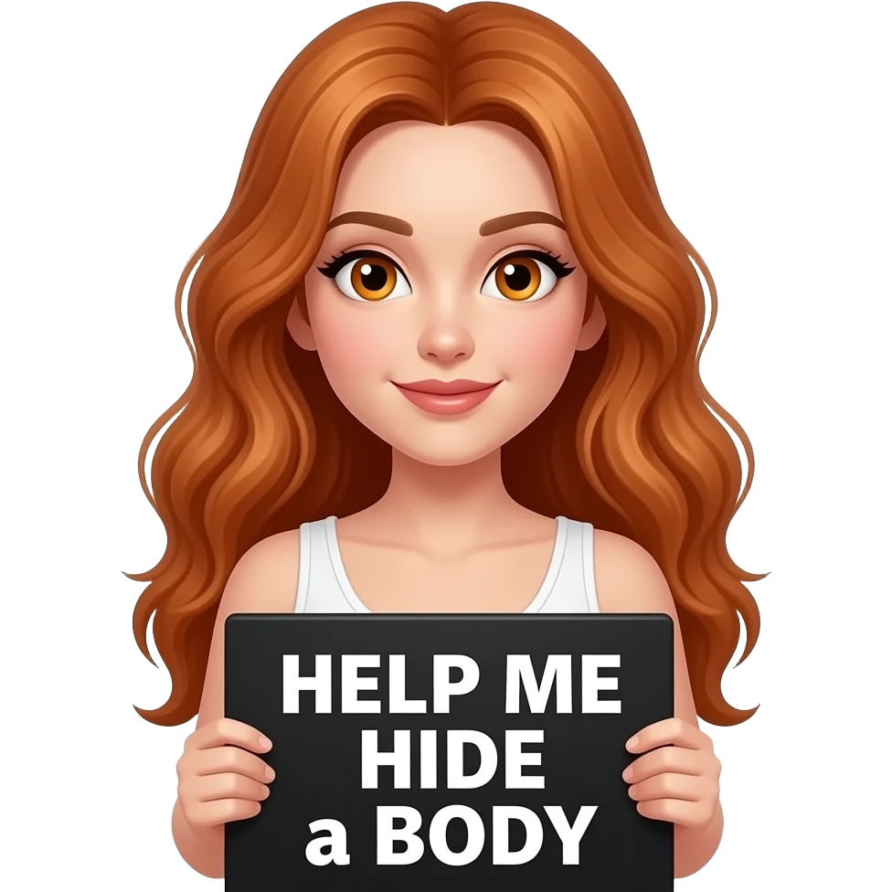 sexy girl with long wavy ginger hair and ginger eyes wearing a white tanktop is holding a black colored sign with HELP ME HIDE a BODY written on it emoji