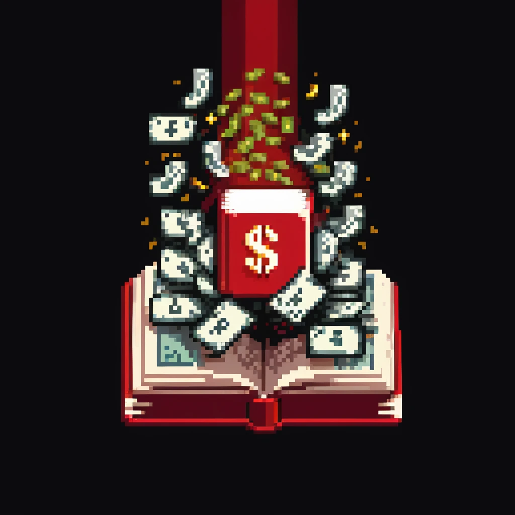 pixel art style, a red book open with creative symbols and cash bursting out, highlighted by a bright spotlight emoji