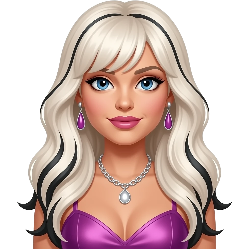 Kimberly Wyatt from The Pussycat Dolls with blue eyes, long white-blonde hair with black highlights, pink and purple r&b outfit, necklace and earrings emoji