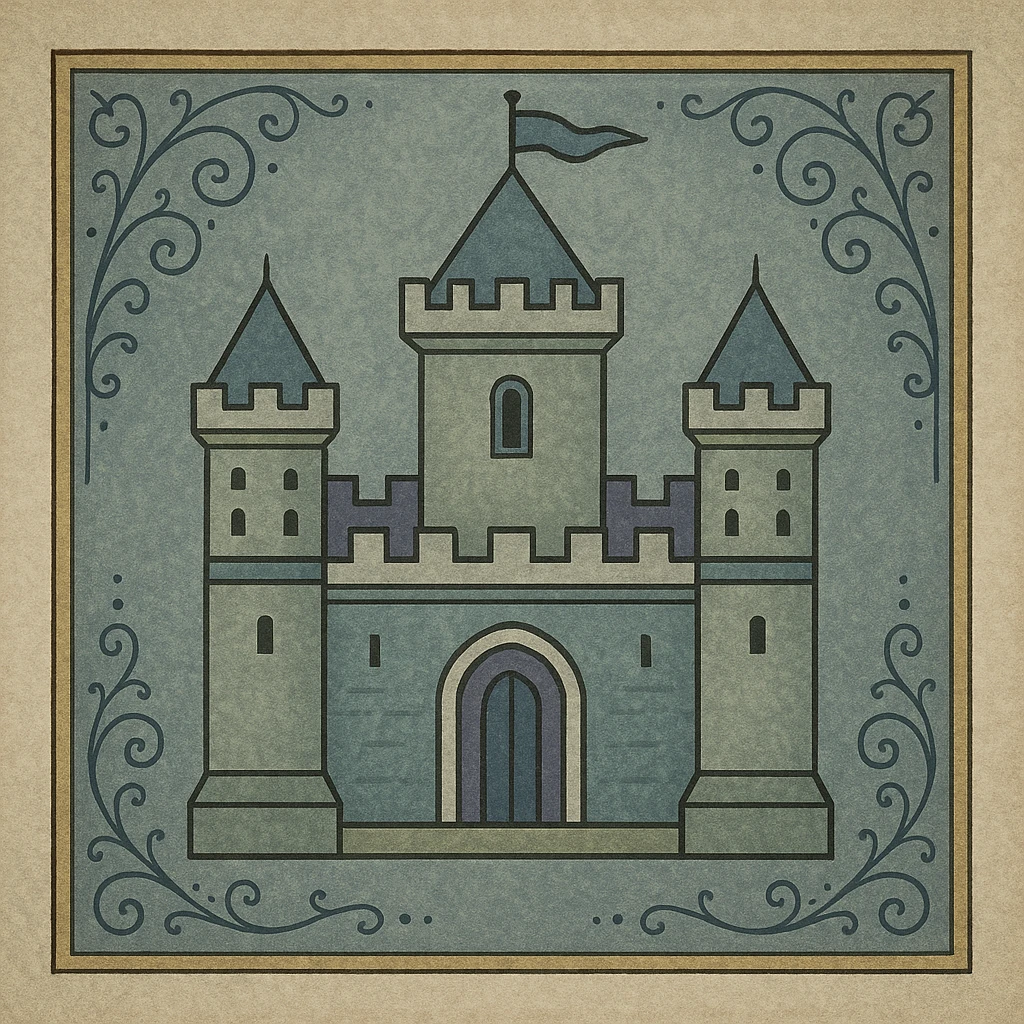 Camelot castle icon for a map, stylized medieval fortress, geometric shapes, easy to read at small scale emoji