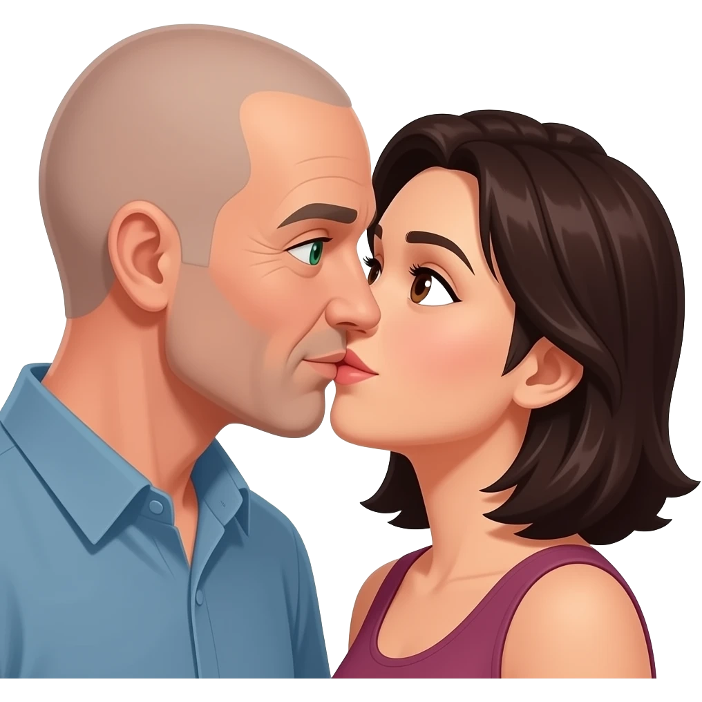 Middle age, bald man withgreen eyes, kissing a dark haired woman with brown eyes emoji