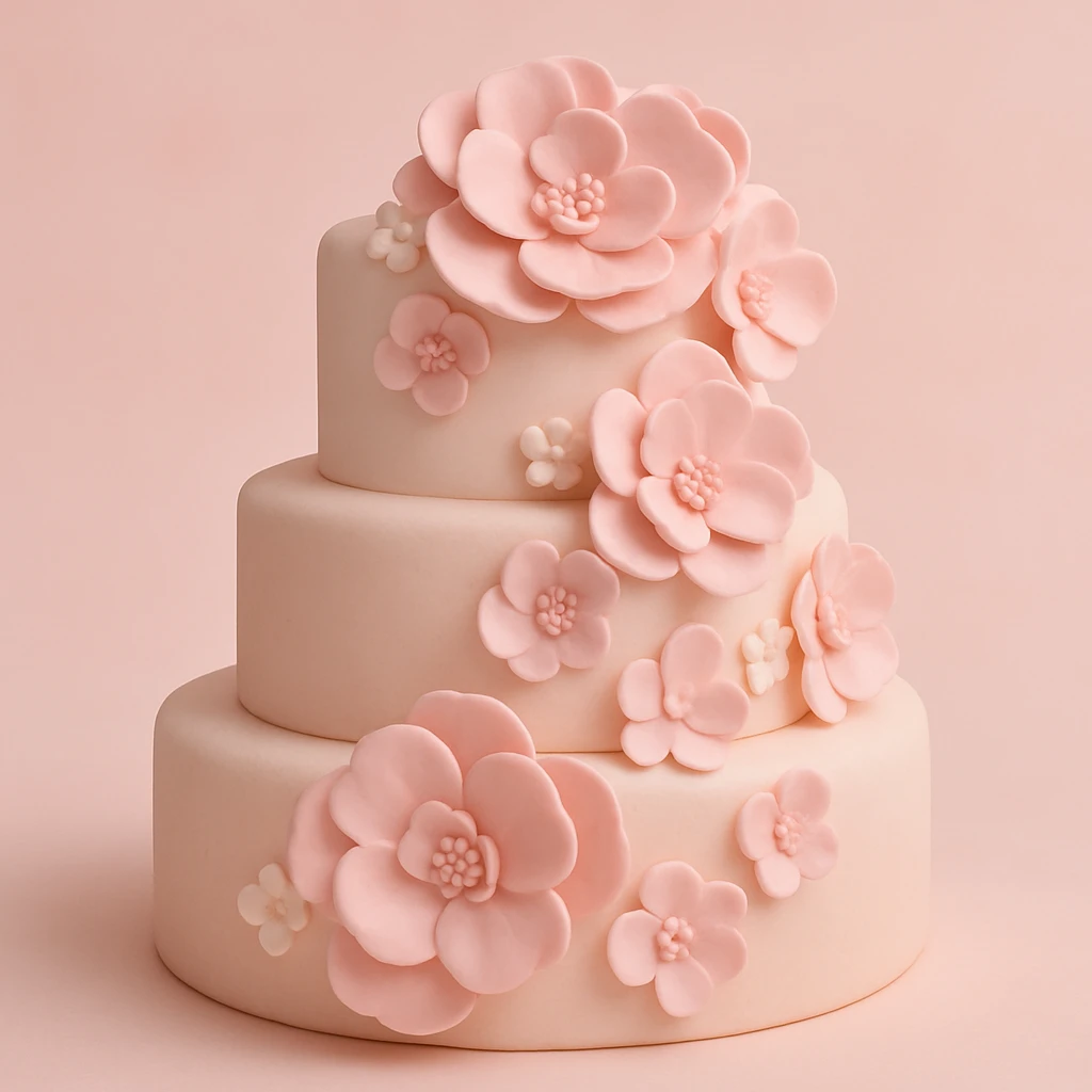 wedding cake with pink fondant flowers and a light pink background emoji