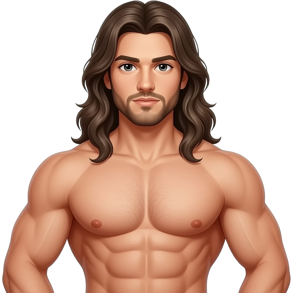 muscular shirtless flexing with very long hair, no beard emoji