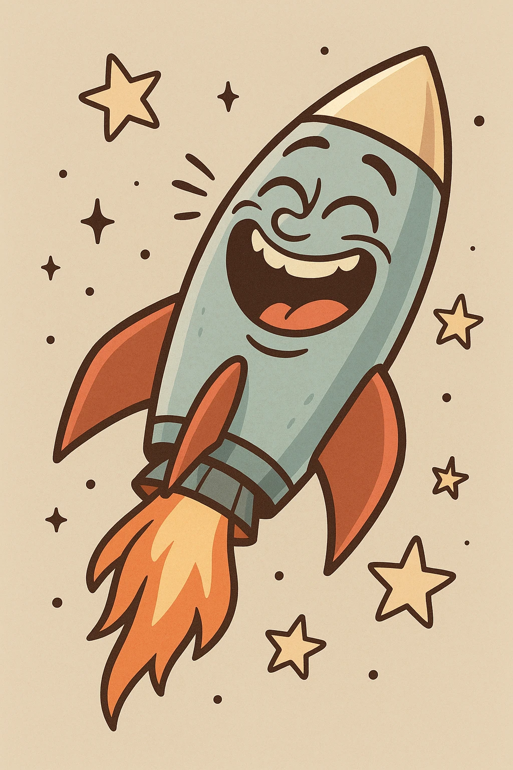 a rocket ship with a big smile, surrounded by stars, laughing, whimsical and fun, cartoon style emoji