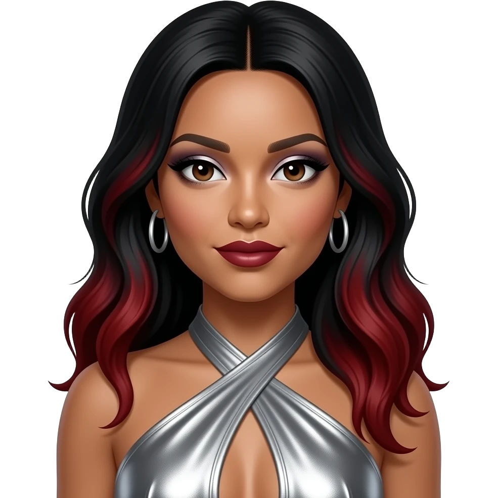 D. Woods from Danity Kane with dark skin, dark brown eyes, long black hair with red highlights, silver eyeshadow, dark red lipstick, silver metallic halter dress, silver earrings emoji