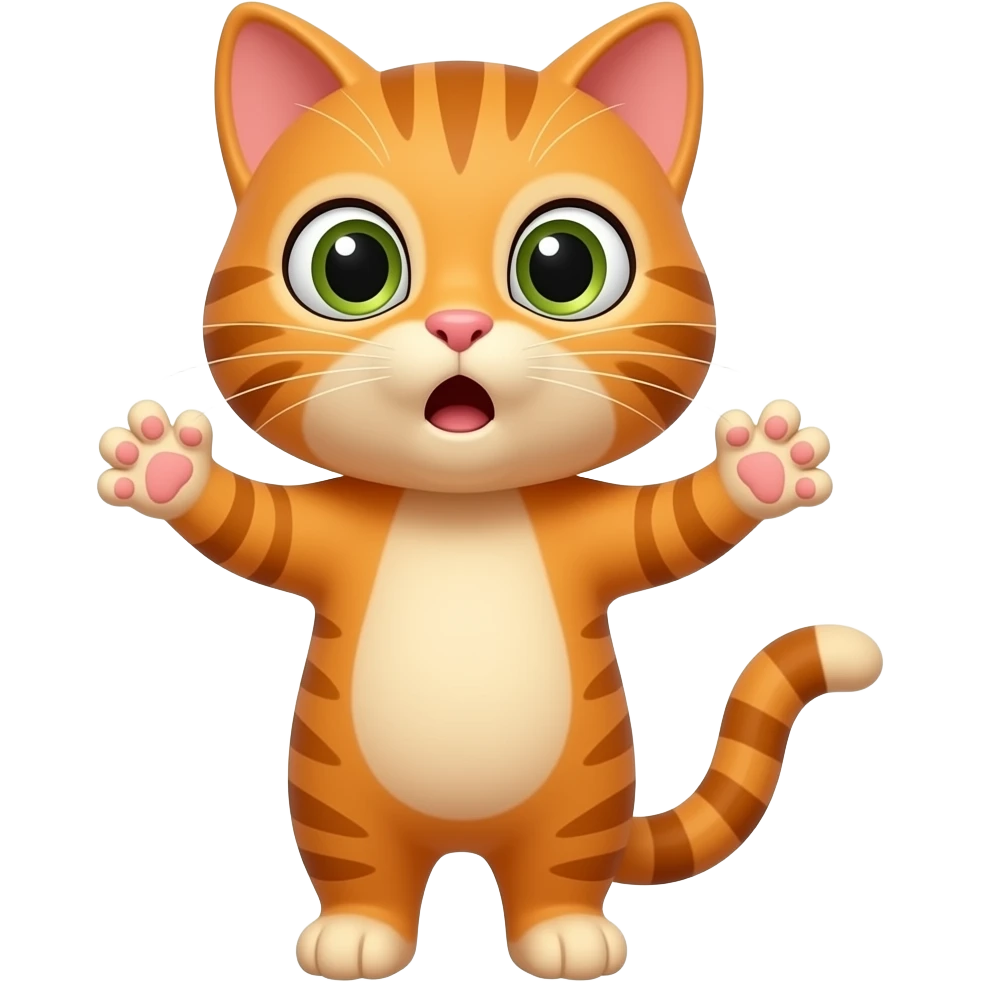 An orange cat standing upright, with hands and arms like a little person, looking very surprised. emoji
