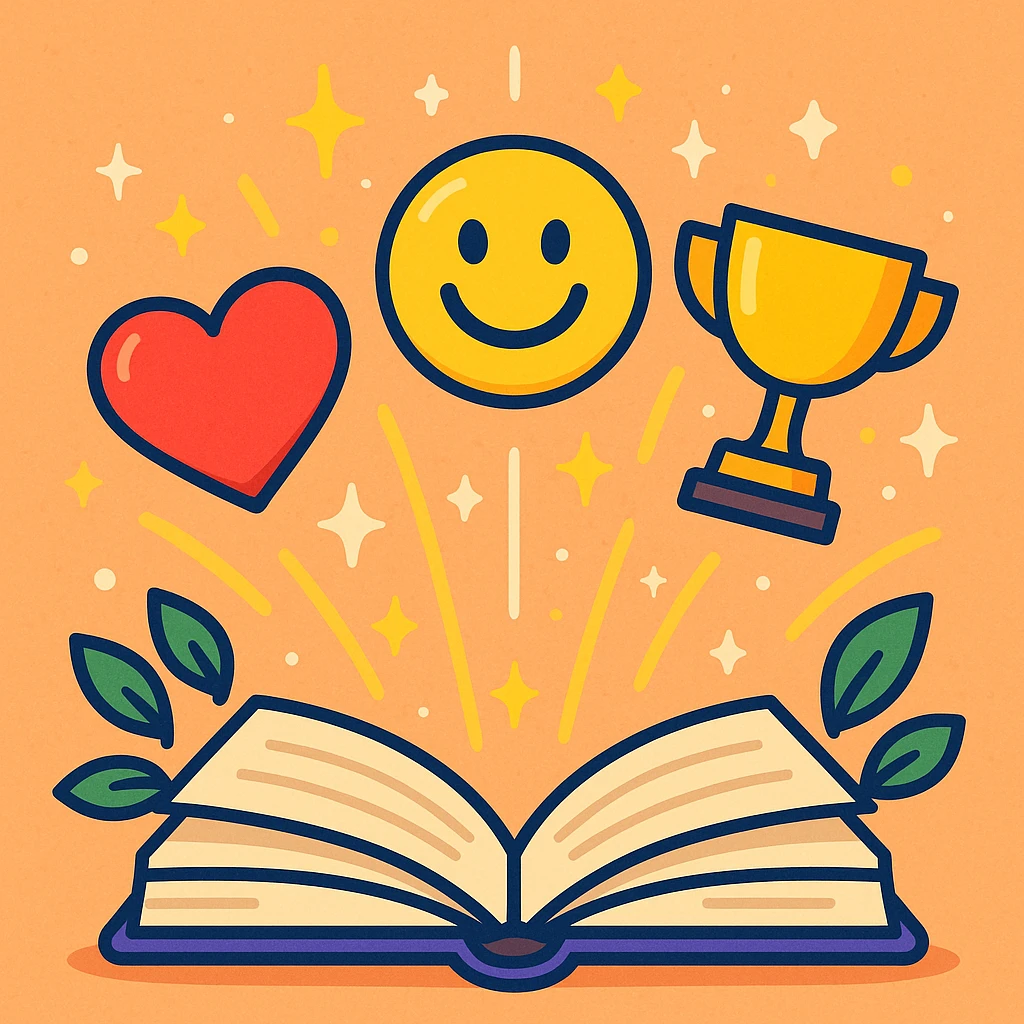 open book with sparkles and leaves transforming into icons of health, happiness, and success, inspiring style emoji