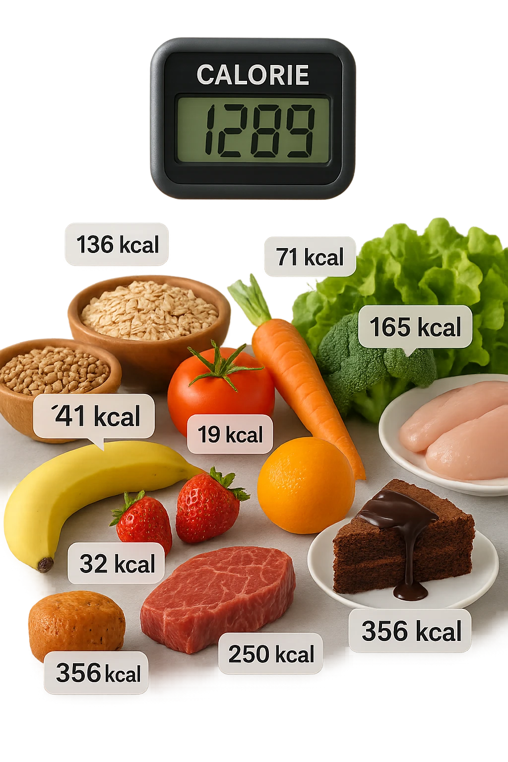 a digital calorie counter hovers above a variety of foods arranged on a table—fruits, vegetables, grains, meats, and desserts. Each food has a floating label showing its calorie content. The background is clean and modern, emphasizing the educational aspect of calorie awareness. scritto in italiano emoji
