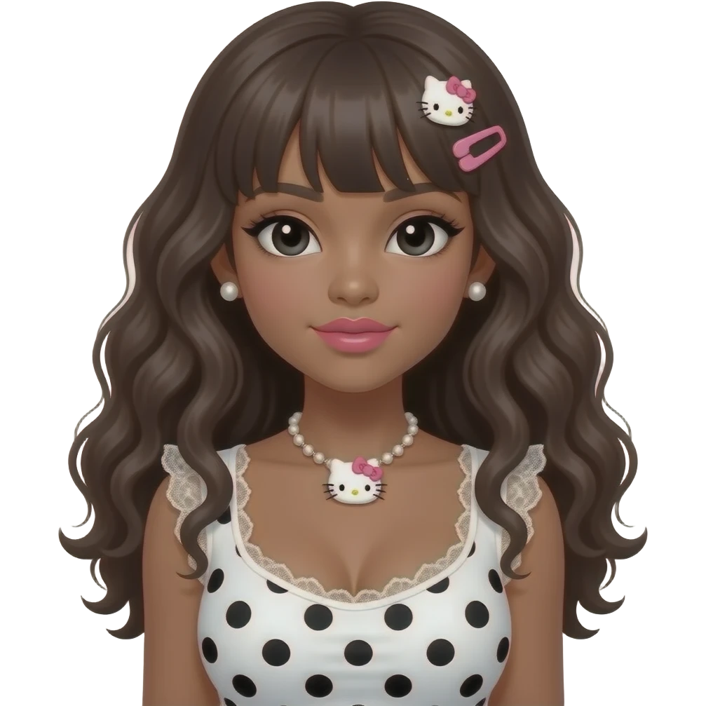 dark brown eyebrows, pearl earring studs, black girl, pink lips, my melody hairclip, dark brown skin, Doll faced shaped, hello kitty necklace, bimbo, black doll eyes, Big lips, long curly dark brown hair, with white or black lace pink polka dots with gyaru sleeveless shirt, with big breast emoji