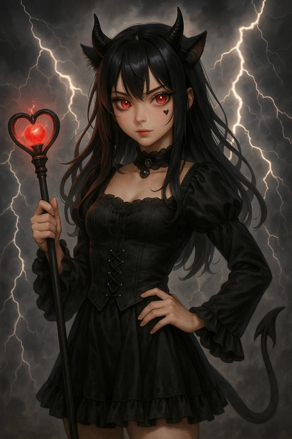 realistic anime style devil catgirl with black horns, glowing red eyes, gothic outfit, magical staff, lightning background, heart tattoo under eye, confident pose emoji