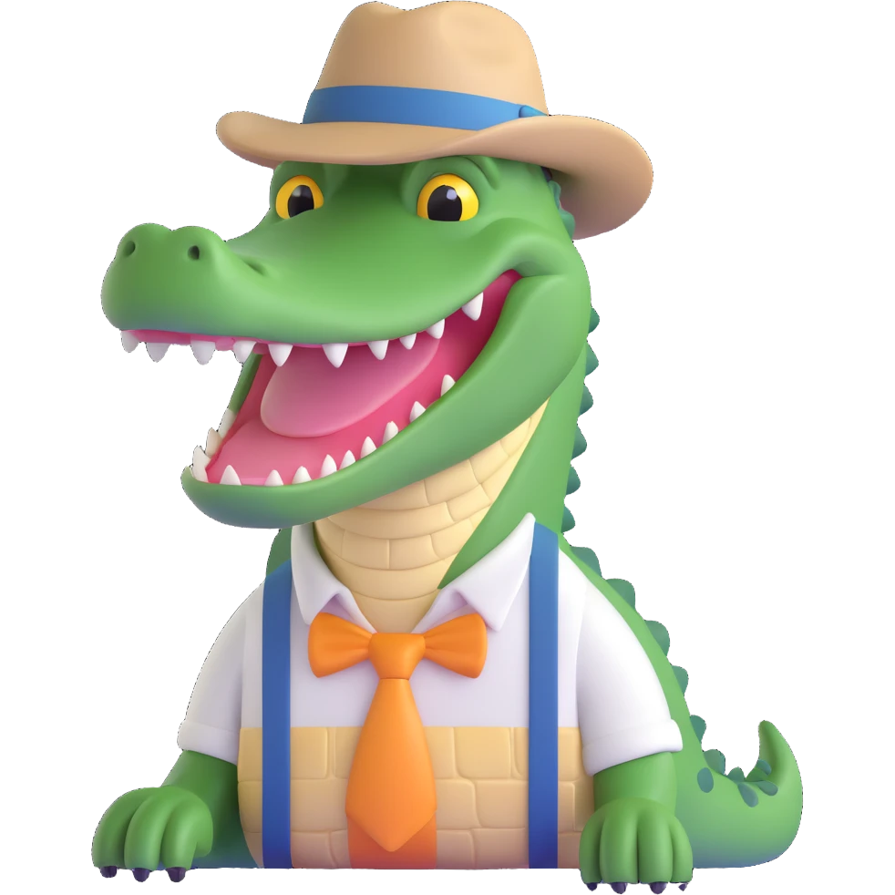 a grandpa alligator, smiling, wearing a hat and suspenders, looking cheerful emoji