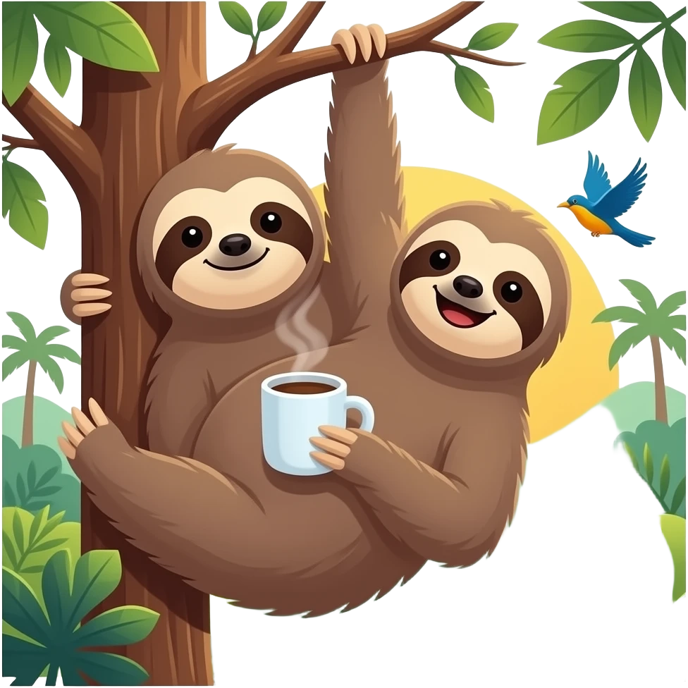 sloth tree morning coffee hanging sunrise jungle birds emoji