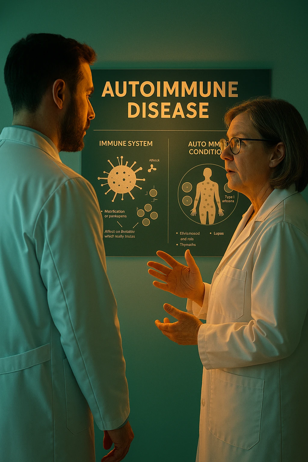 Realistic, detailed photo taken from behind of two doctors—a bearded man and a middle-aged woman—standing and facing each other as they discuss an autoimmune disease diagnosis in front of a medical chart that displays information about the immune system and autoimmune conditions. The scene is illuminated by a yellowish, orange, warm light that softly envelops the doctors. The entire room is bathed in a single green-blue color, creating a cohesive and modern atmosphere. Both doctors wear white coats, and their body language suggests a serious, professional conversation about the complexities of autoimmune diseases. Shot with a Canon EOS R5, with high detail and natural depth of field. in italiano emoji