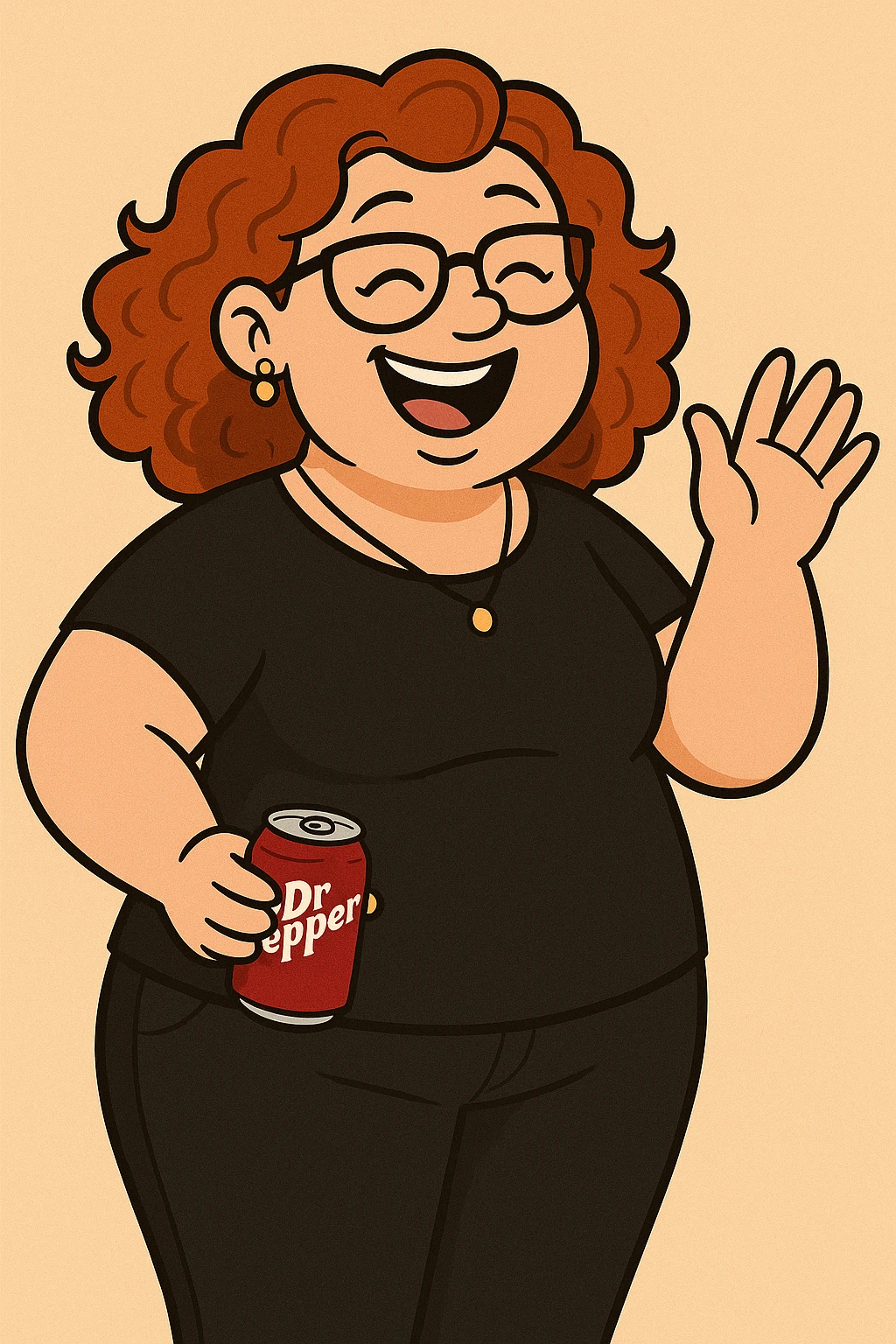 Add jewelry including earrings and a necklace, dress her in black clothes, and put a Dr Pepper soda in her hand. Keep her fun and approachable in the style of the original image. emoji