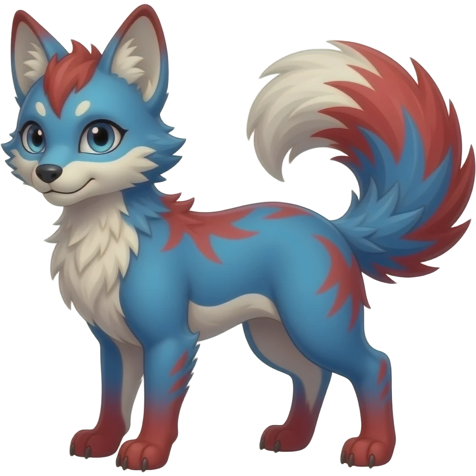 Feral Rare Fantasy vibrant cyan-cobalt-blue-crimson-red-gradients-colored colorful Vernid-Sergal-Genet-Trico-species by LiLaiRa, random markings, tufted tail, tufted ears, full body emoji