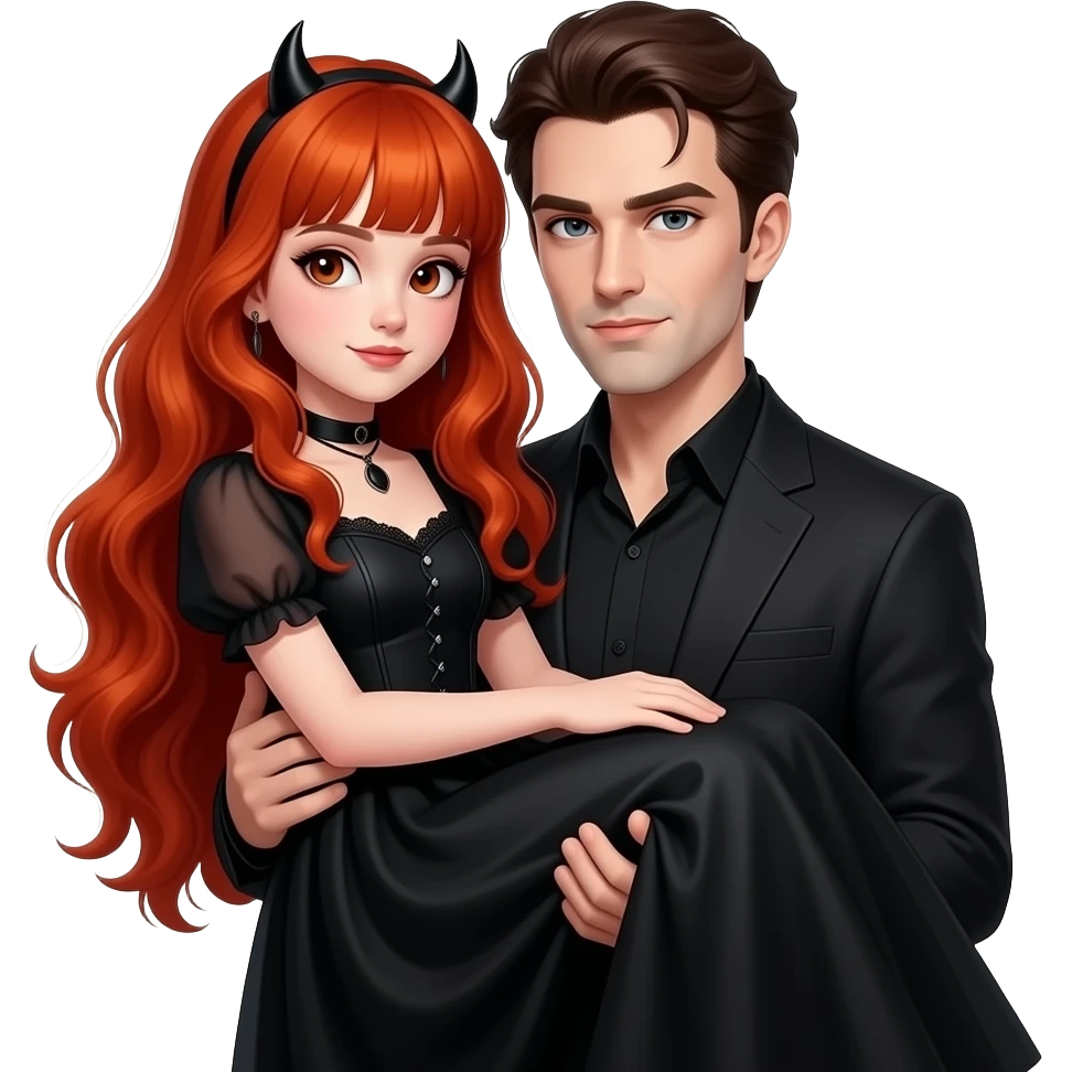 Bambina Vampiro femmina 12enne con capelli lunghi rosso fuoco ondulati e con una frangetta con pelle bianca che indossa un vestito stretto in vita e largo sotto lungo e nero e sta in braccio al papà VAMPIRO giovane emoji