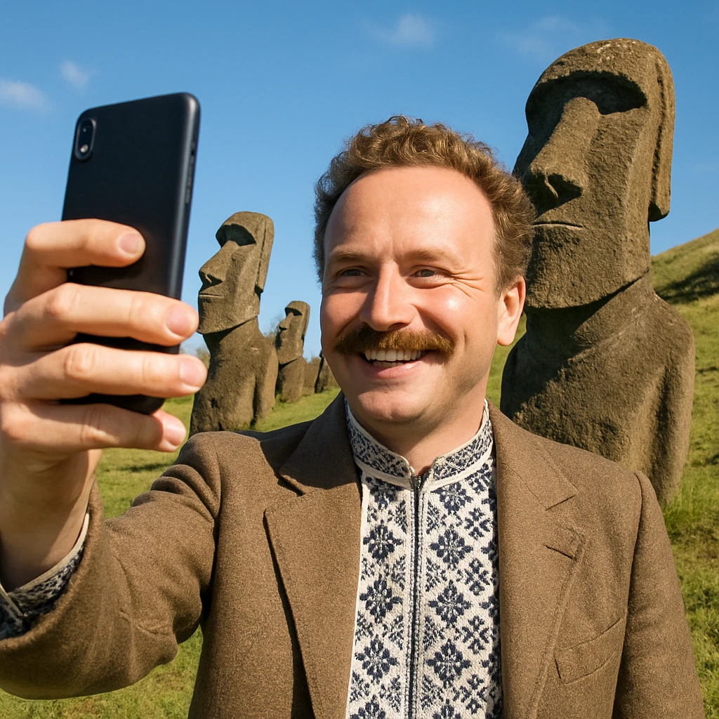 taks a selfie in front of statues on Easter Island emoji