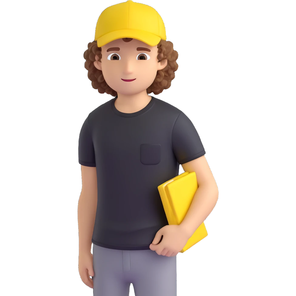 create a character, cute guy, curly, in a black t-shirt and a yellow cap, in 3d emoji