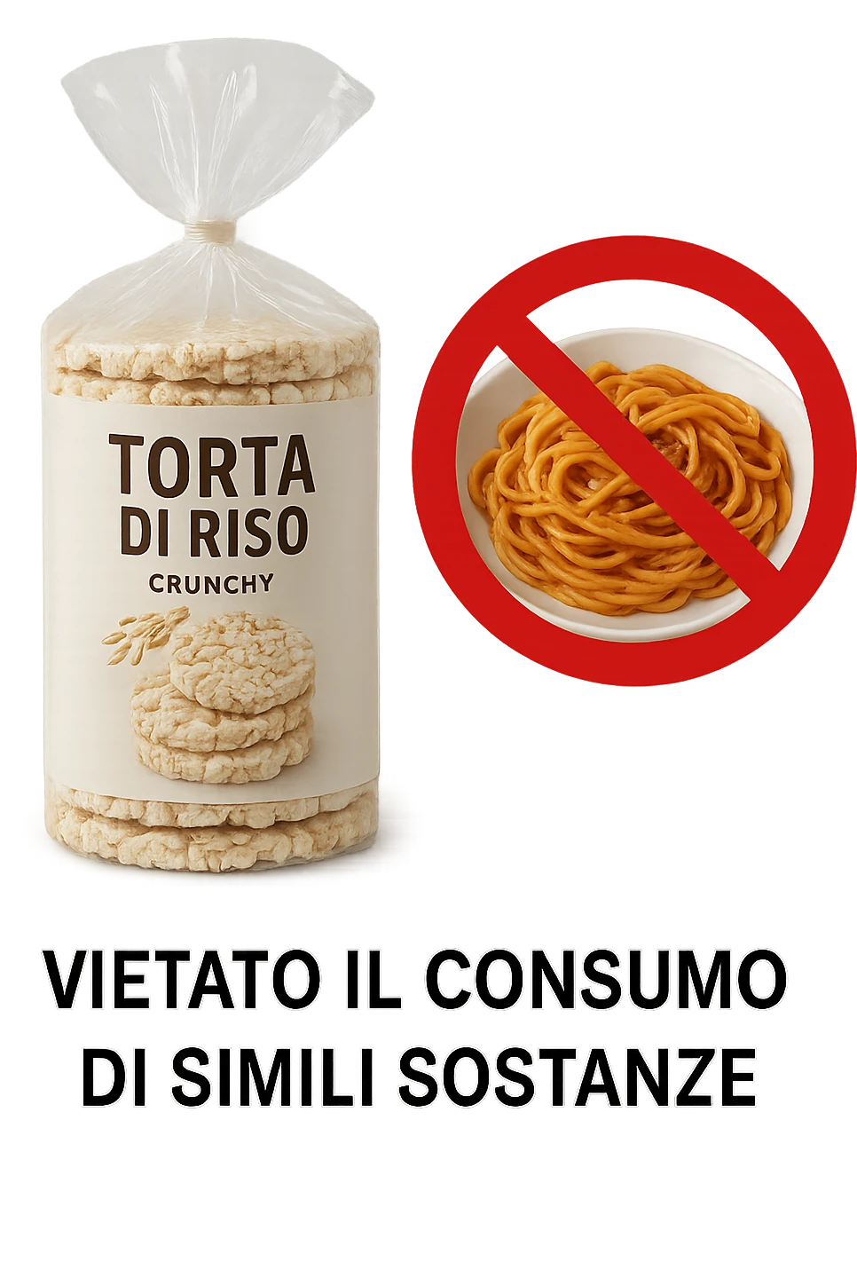confezione di gallette di riso con accanto un piatto di pasta con divieto sopra, in italiano,  realistici emoji