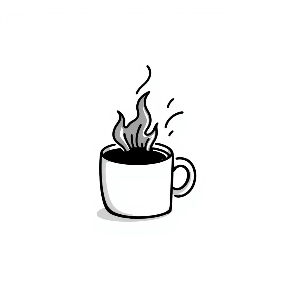 A white mug with burning coffee emoji