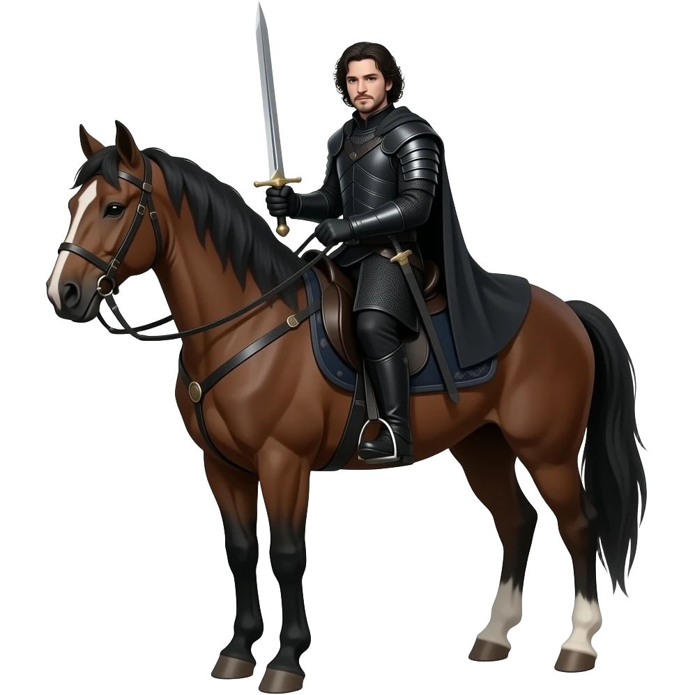 Джон сноу на коні з мечем в одязі чорного дозору від під кутом emoji