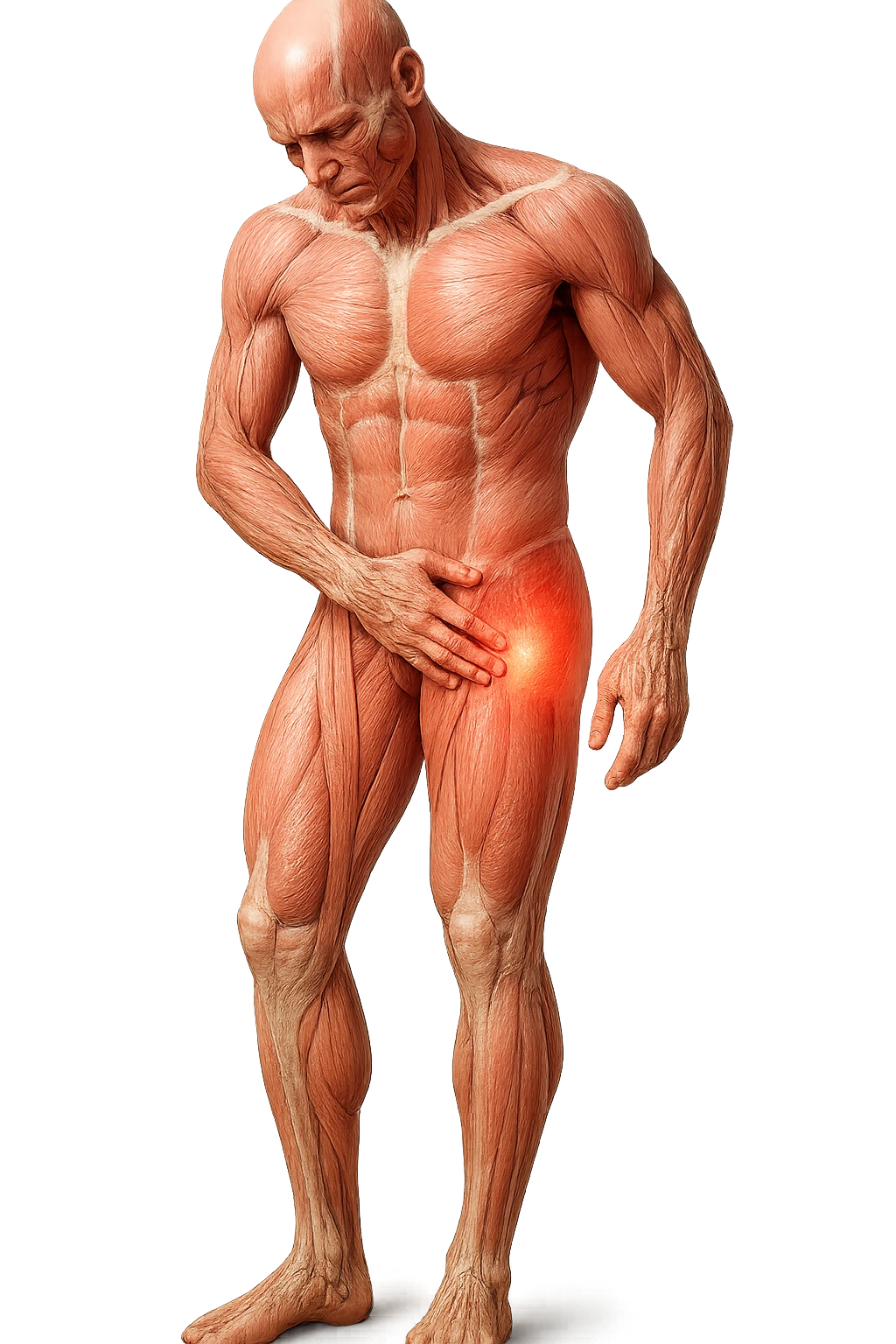 CORPO UMANO ANATOMICO A FIGURA INTERA REALISTICO CHE SI TOCCA L'ANCA INFIAMMATA, DOLORE ALL'ANCA, IPERREALISTICO 4K emoji