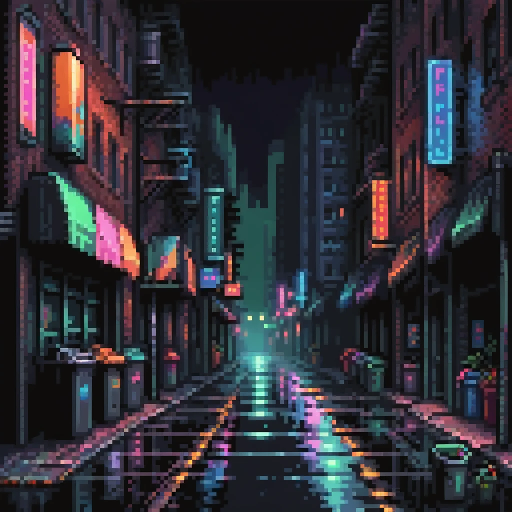 Pixel art background, side view of a dark Gotham-style street at night, moody lighting, flickering neon signs, trash bins, wet pavement, shadows in windows, 2D fighting game stage style, straight camera angle, retro arcade aesthetic
 emoji