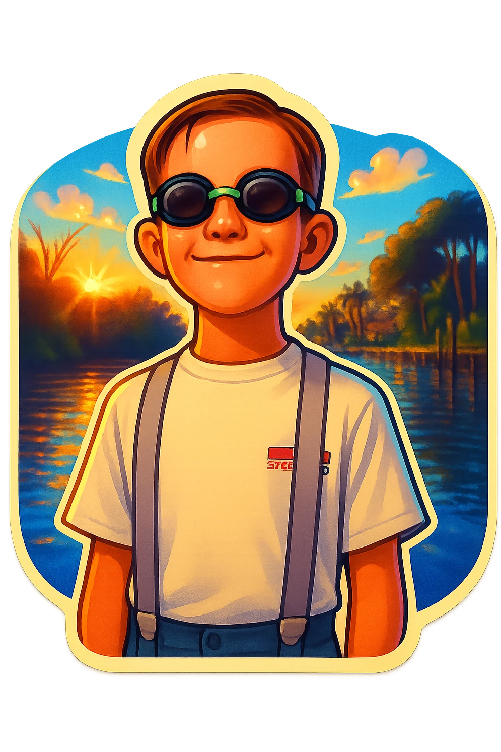 Combine the background of the first image showing a canal and sky with the person from the second image, a boy with goggles and suspenders, in the foreground. Create a vibrant and playful sticker-like look in retro stickers style. emoji