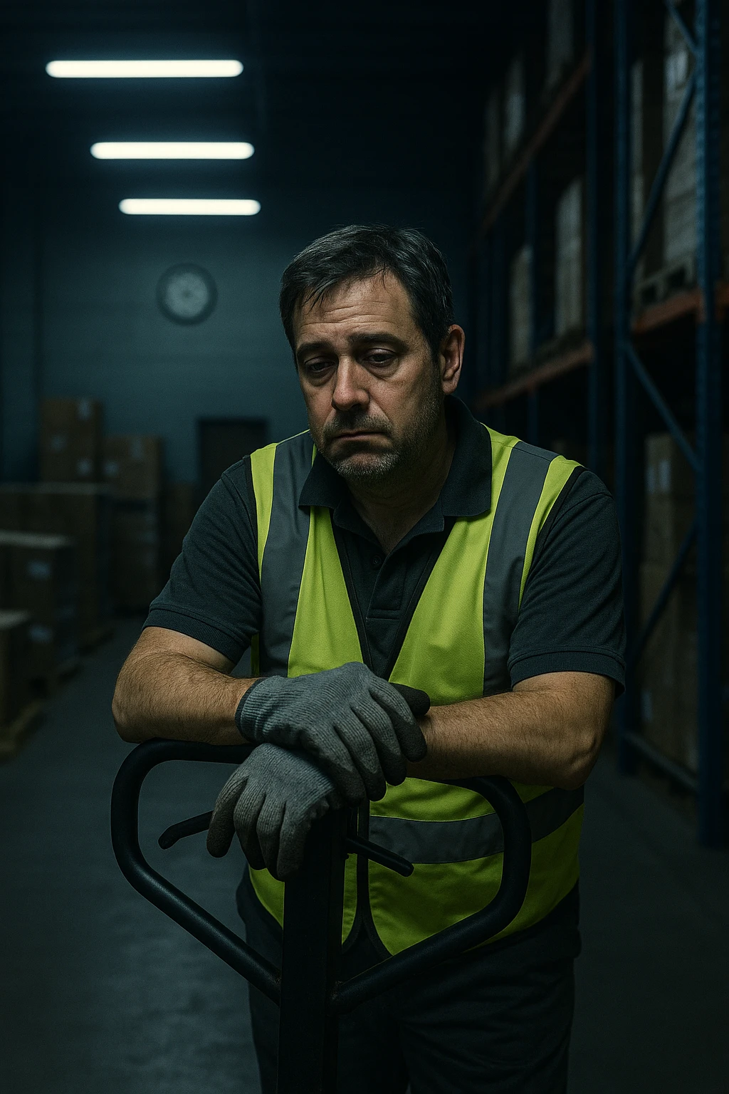 a tired warehouse worker in his 40s, wearing a reflective vest and work gloves, stands under harsh fluorescent lights in a large, dimly lit warehouse. He leans on a pallet jack, eyes heavy with fatigue and dark circles under them. Stacks of boxes and shelves loom in the background, and a wall clock shows it’s the middle of the night. The mood is somber and empathetic. emoji