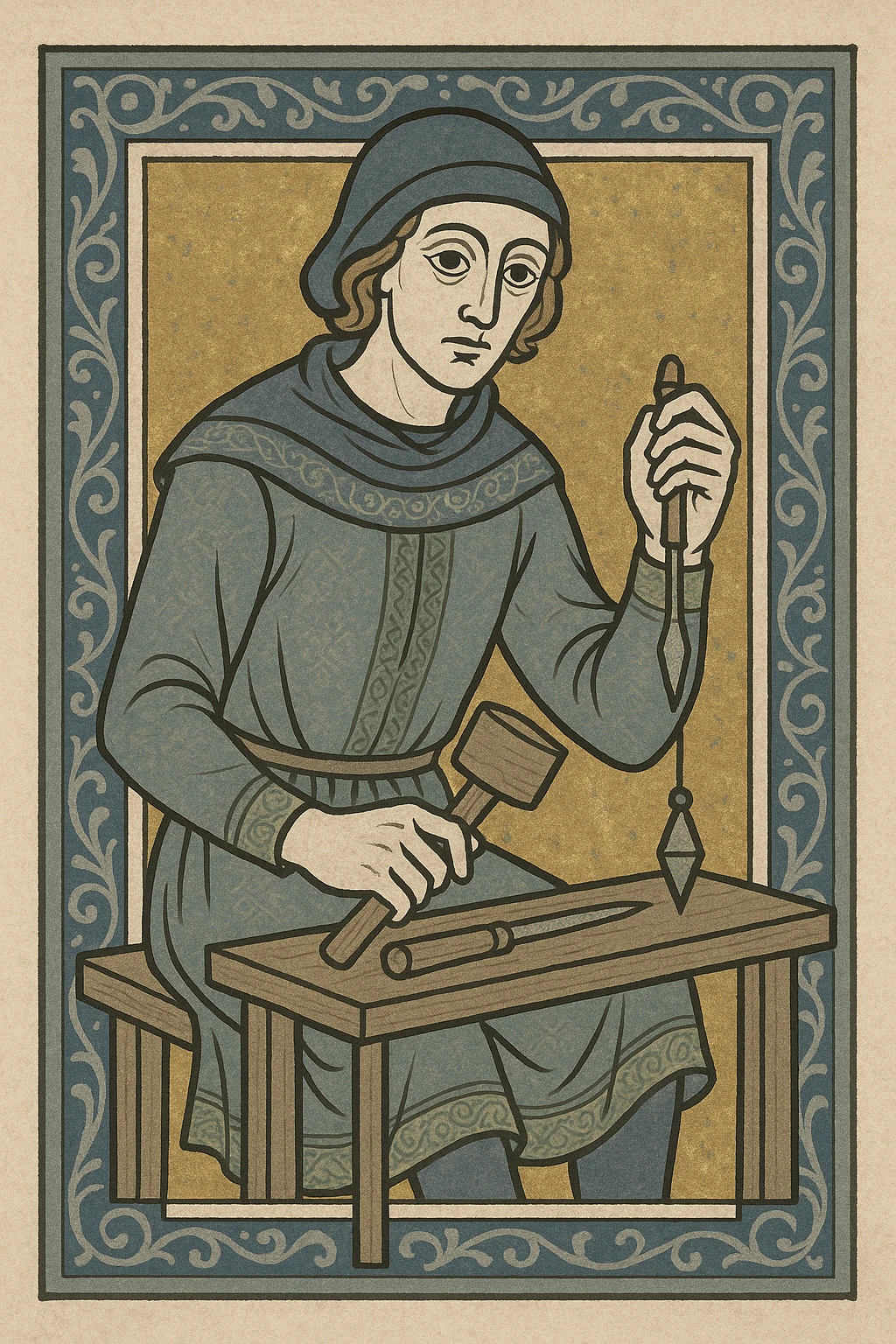 Tudor man craftsman working with tools, historical style, detailed medieval art emoji