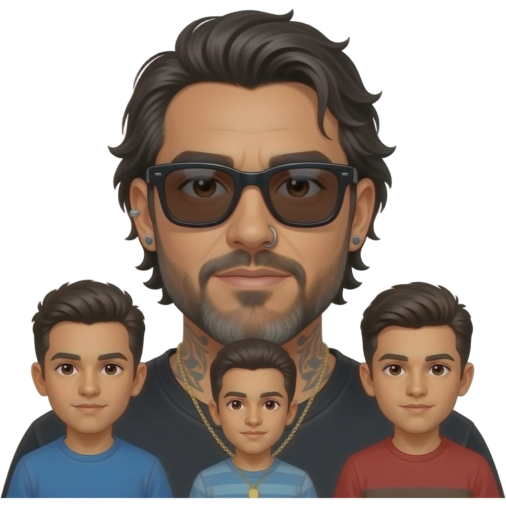 The handsome manly Latino podcast host with medium length hair, a long slightly graying beard and tattoos with his ears pierced 1 time each ear and a nose ring on the right side, dark brown eyes, wearing black, super dark sunglasses, jewelry, hanging out with his three sons emoji