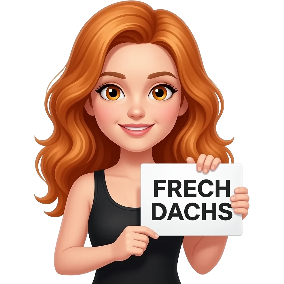 sexy girl with long wavy ginger hair and ginger eyes wearing a black tanktop is holding a white sign with FRECH DACHS written on it emoji