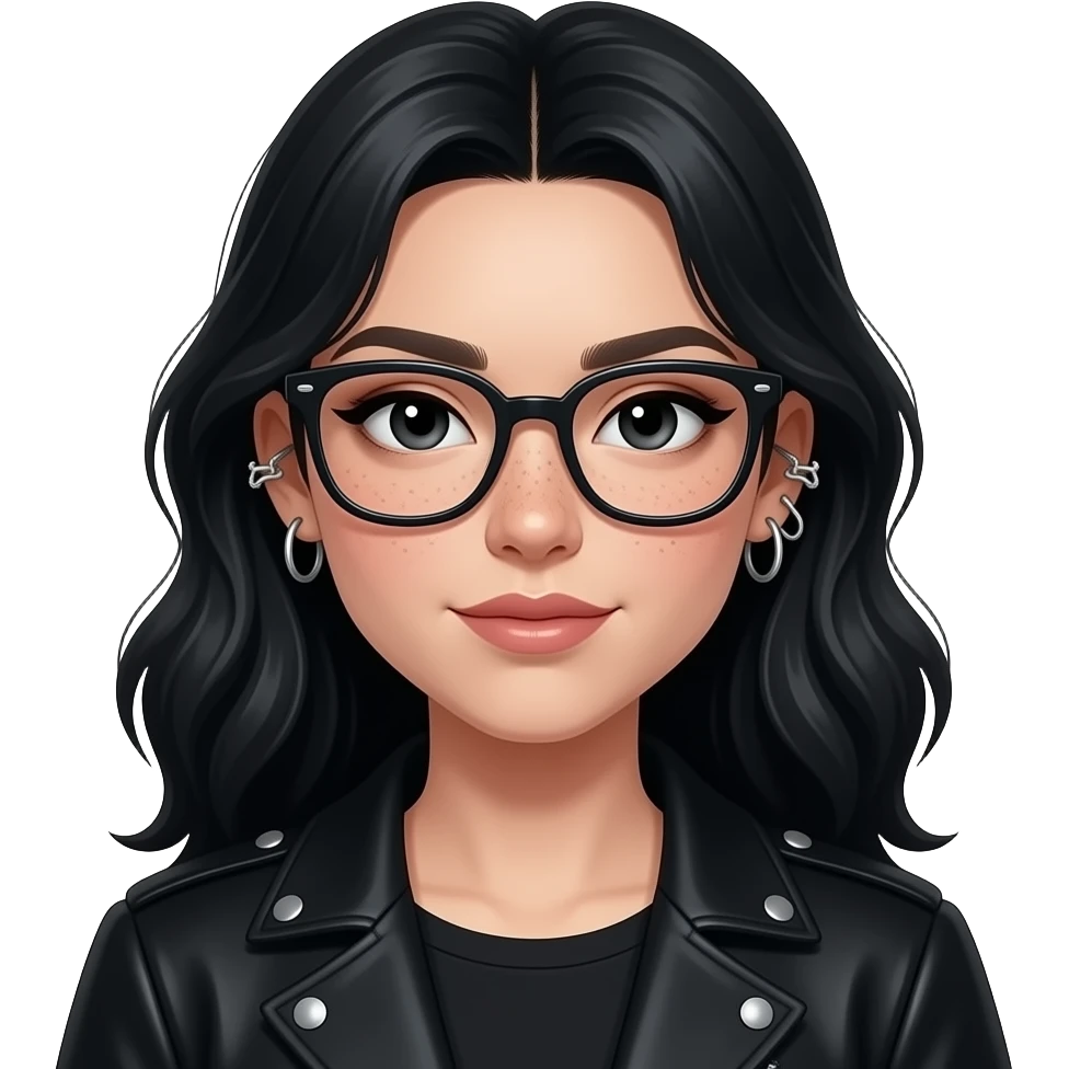Cool girl in black, whole upper body in sitting state, long hair with volume , black eyes with small eye liner, with chain piercing earrings from helix to lobes (that has skeletons looking like crossing) and glasses, with subtle freckles emoji