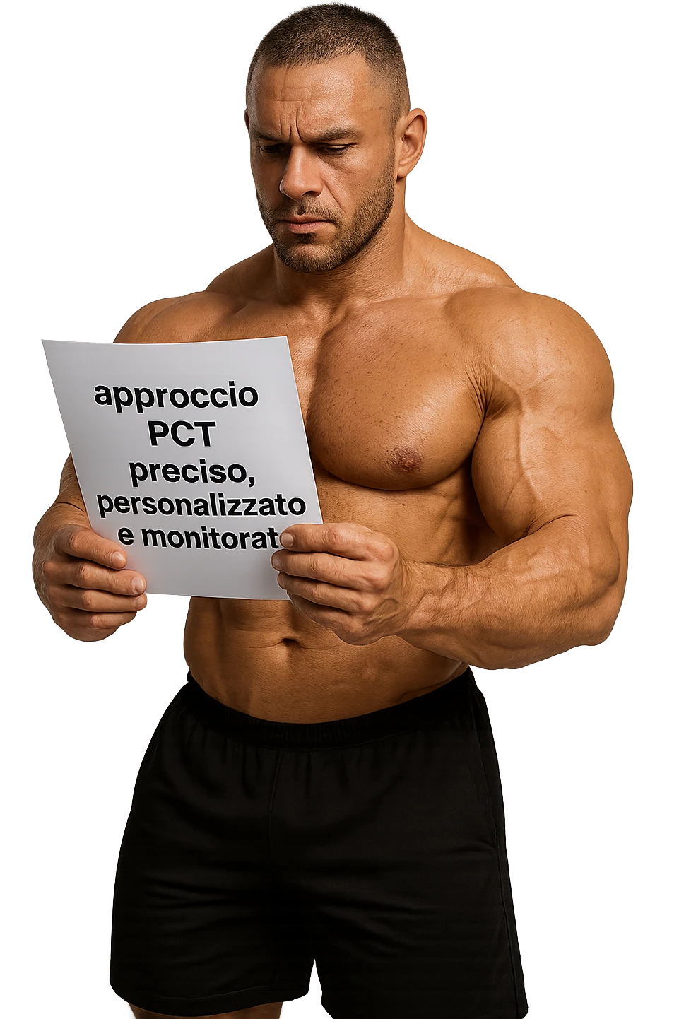 BODYBUILDER CHE LEGGE UN FOGLIO CON LA SCRITTA "approccio PCT preciso, personalizzato
e monitorato" emoji