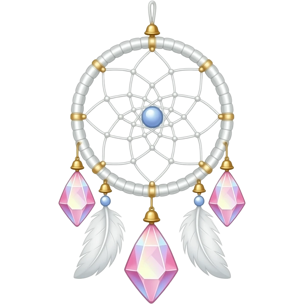 Hanging Iridescent pastel pink sakura crystals white-pearly suncatcher dreamcatcher with bells and feathers emoji